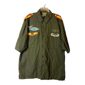 ESMX Mens Short Sleeve Button Down Shirt Green Military‎ Inspired Patches 2XL